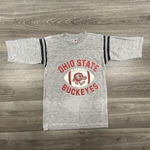 Vintage 80s Ohio State Buckeyes Shirt Youth Large Gray NCAA Football 3/4 Sleeve